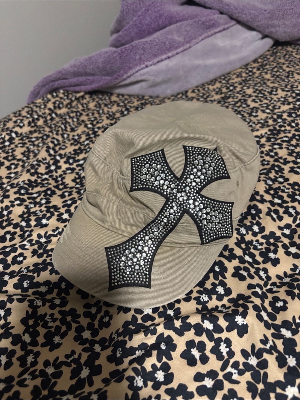 Beige Cap with Studded Cross Accent